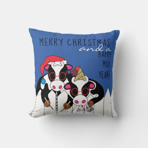 Merry Christmas Happy Moo Year Cow Moosicians Throw Pillow