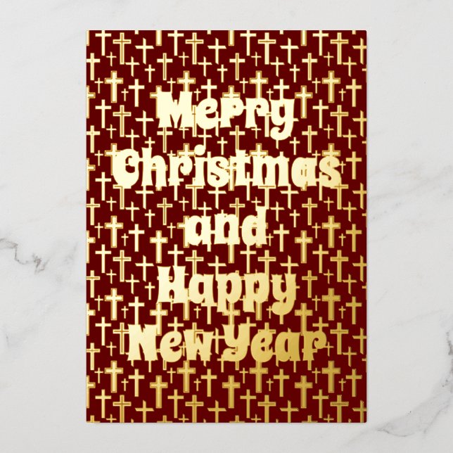 Merry Christmas & Happy Near Year cross burgundy Foil Holiday Card (Front)