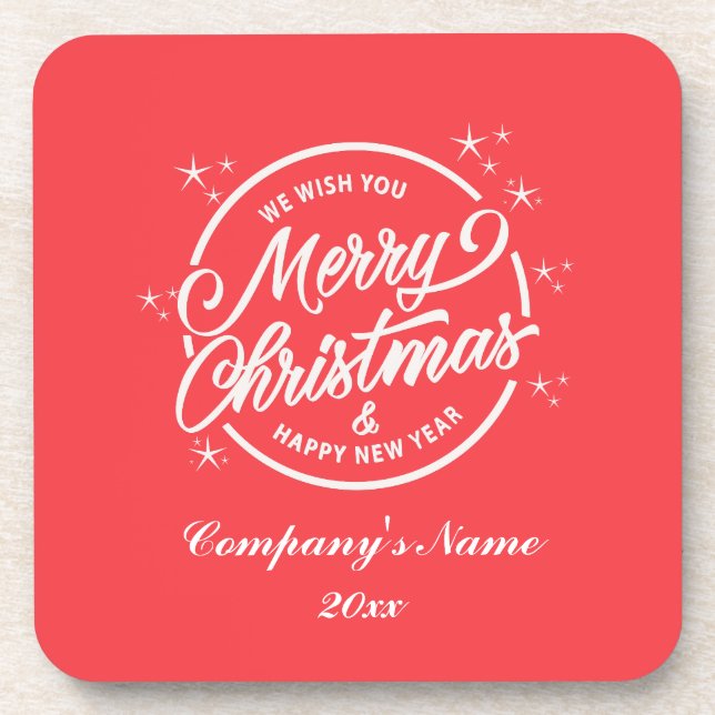 Merry Christmas & Happy New Yea, White Typography Beverage Coaster (Front)