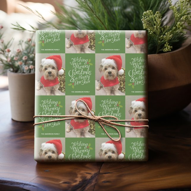 Merry Christmas Happy New Year - 1 Photo Whimsical Wrapping Paper (Personalized Photo Wrapping Paper)