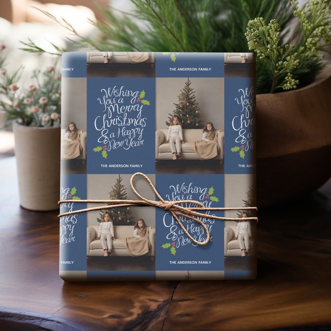Merry Christmas Happy New Year - 1 Photo Whimsical Wrapping Paper (Personalized Photo Wrapping Paper)