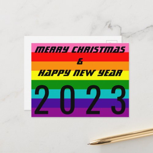 Merry Christmas Happy New Year 2023 Rainbow Flag Holiday Postcard