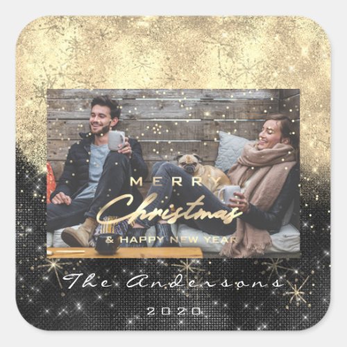 Merry Christmas Happy New Year Black Gold Photo Square Sticker