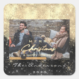 Merry Christmas Happy New Year Black Gold Photo Square Sticker