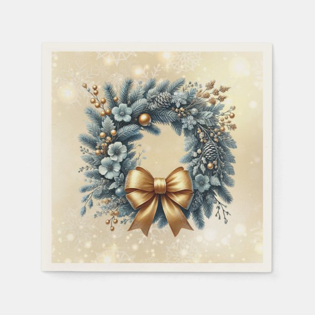 Merry Christmas  Happy New Year Blue Gold Wreath Napkins (Front)