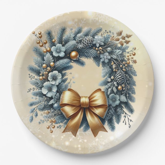 Merry Christmas  Happy New Year Blue Gold Wreath Paper Plates (Front)