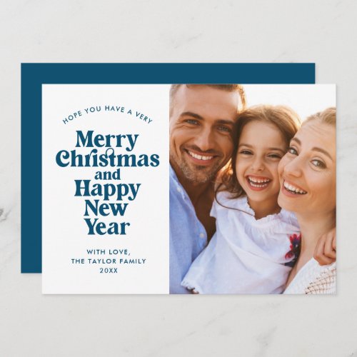 Merry Christmas  Happy New Year Blue Photo Holiday Card