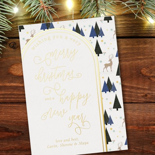 Merry Christmas Happy New Year Blue Trees and Stag Foil Holiday Card