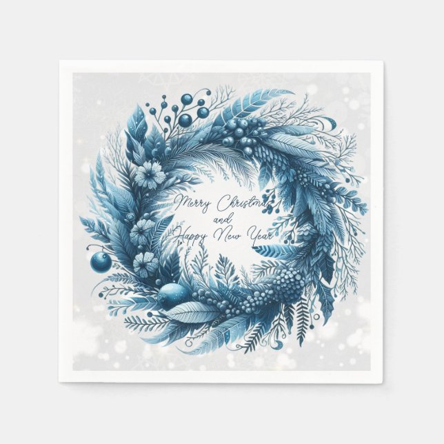 Merry Christmas  Happy New Year Blue Wreath Napkins (Front)