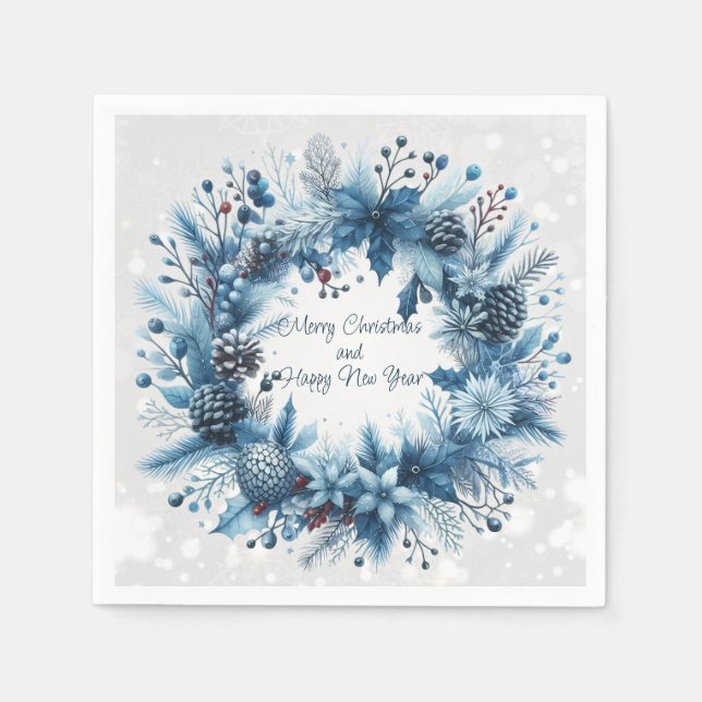 Merry Christmas  Happy New Year Blue Wreath Napkins (Front)