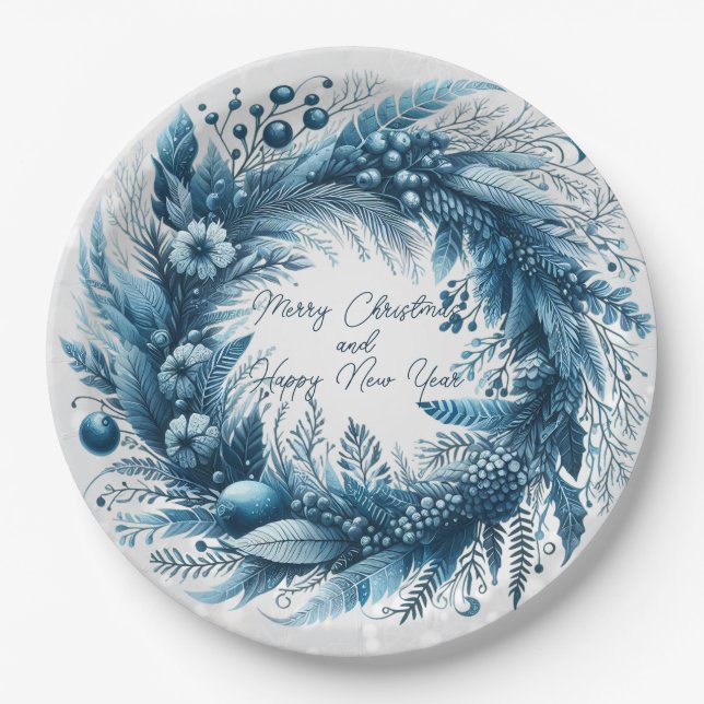 Merry Christmas  Happy New Year Blue Wreath Paper Plates (Front)