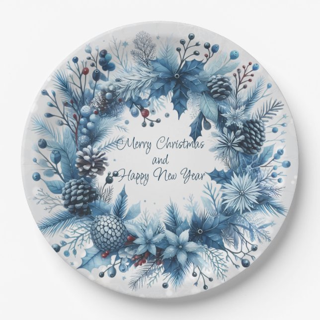 Merry Christmas  Happy New Year Blue Wreath Paper Plates (Front)