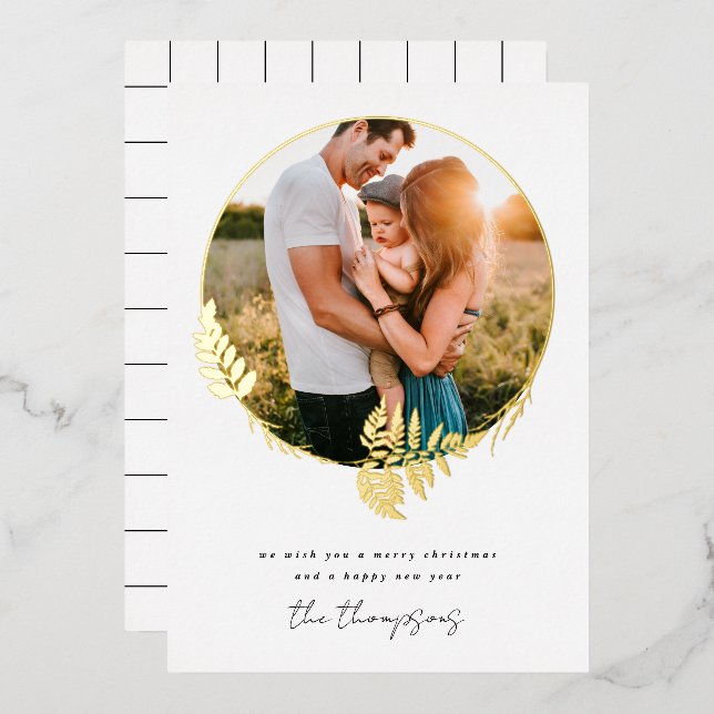 Merry Christmas Happy New Year Botanical Photo Foil Holiday Card (Front/Back)