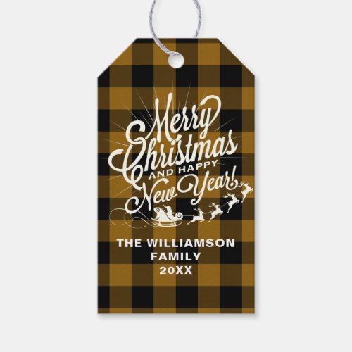 Merry Christmas Happy New Year Bronze Check Gift Tags