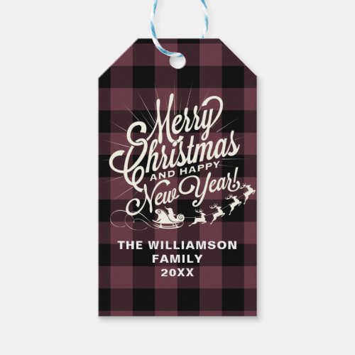 Merry Christmas Happy New Year Burgundy Check Gift Tags