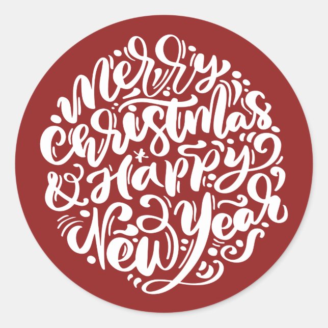 Merry Christmas & Happy New Year Calligraphy Red Classic Round Sticker (Front)