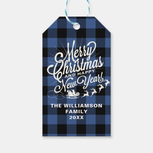 Merry Christmas Happy New Year Classic Blue Check Gift Tags