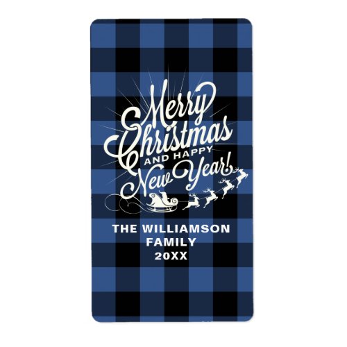 Merry Christmas Happy New Year Classic Blue Check  Label