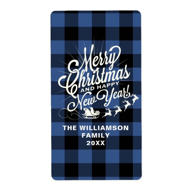 Merry Christmas Happy New Year Classic Blue Check  Label (Front)
