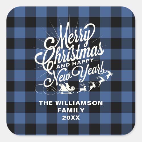 Merry Christmas Happy New Year Classic Blue Check Square Sticker
