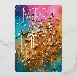Merry Christmas Happy New Year Colorful Glitter Foil Holiday Card