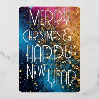 Merry Christmas Happy New Year Confetti Blue Pink Foil Holiday Card