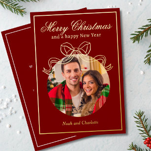 Merry Christmas Happy New Year Coquette Bow Photo Foil Holiday Card