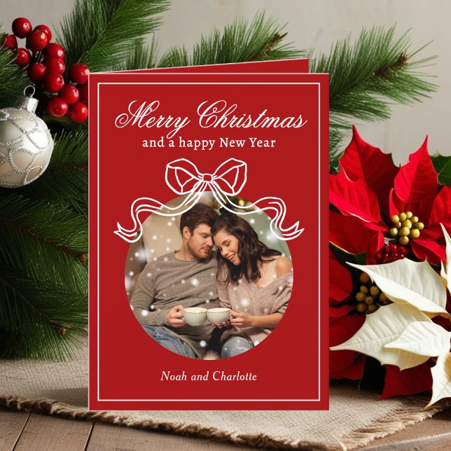 Merry Christmas Happy New Year Coquette Bow Photo Holiday Card (Creator Uploaded)