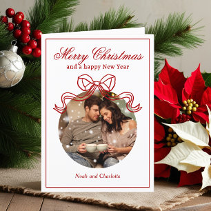 Merry Christmas Happy New Year Coquette Bow Photo Holiday Card