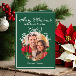 Merry Christmas Happy New Year Coquette Bow Photo Holiday Card