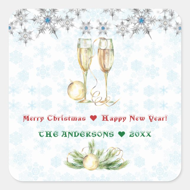 Merry Christmas Happy New Year Crystal Snowflakes Square Sticker (Front)