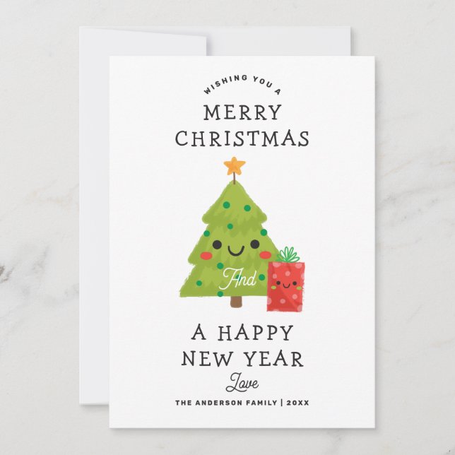 Merry Christmas Happy New Year. Cute winter tree Holiday Card (Front)