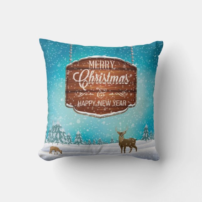 Merry Christmas Happy New Year Deer Throw Pillow (Front)