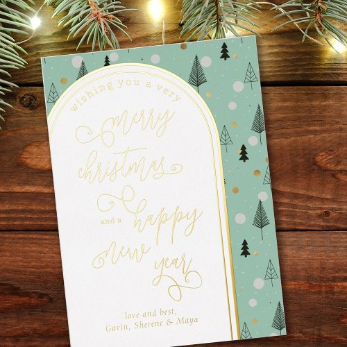 Merry Christmas Happy New Year Doodle Fir Trees Foil Holiday Card