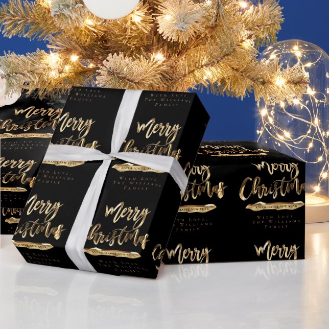 Merry Christmas Happy New Year Elegant Black Gold Wrapping Paper (Holidays)