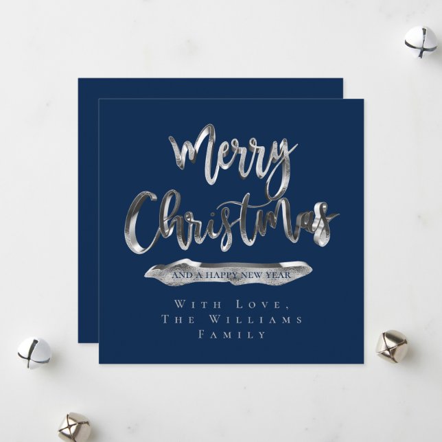 Merry Christmas Happy New Year Elegant Navy Blue Holiday Card (Front/Back In Situ)