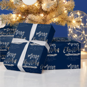 Merry Christmas Happy New Year Elegant Silver Blue Wrapping Paper
