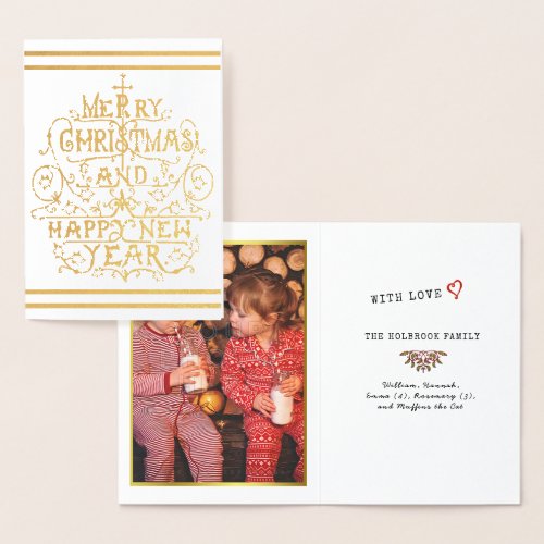 Merry Christmas Happy New Year Family Photo Ornate Foil Card