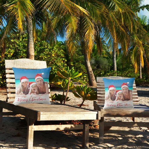 Merry Christmas Happy New Year Family Photo Red Outdoor Pillow