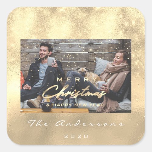 Merry Christmas Happy New Year Faux Gold Photo Square Sticker