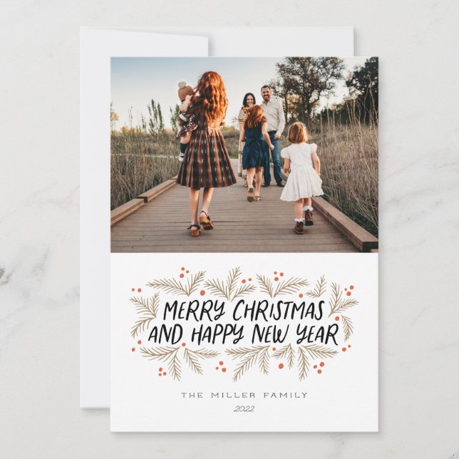 Merry Christmas Happy New Year Floral Holiday Card (Front)