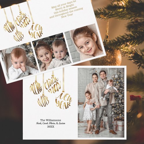 Merry Christmas Happy New Year Four Photo Gold  Holiday Card