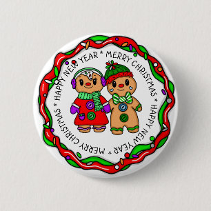 Merry Christmas Happy New Year Gingerbread Man Button