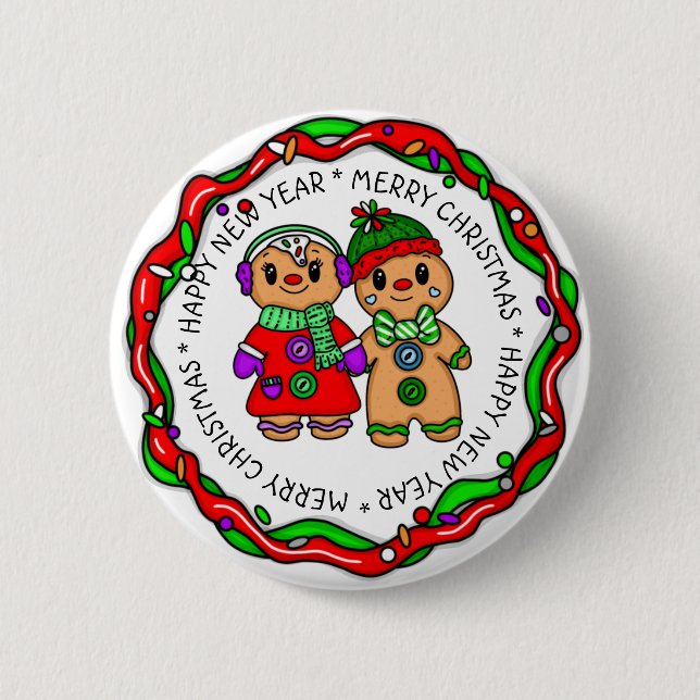 Merry Christmas | Happy New Year | Gingerbread Man Button (Front)