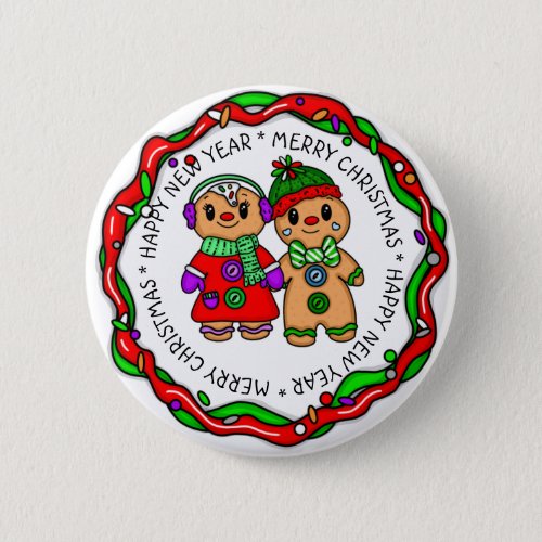 Merry Christmas  Happy New Year  Gingerbread Man Button