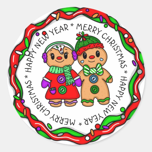 Merry Christmas | Happy New Year | Gingerbread Man Classic Round Sticker (Front)