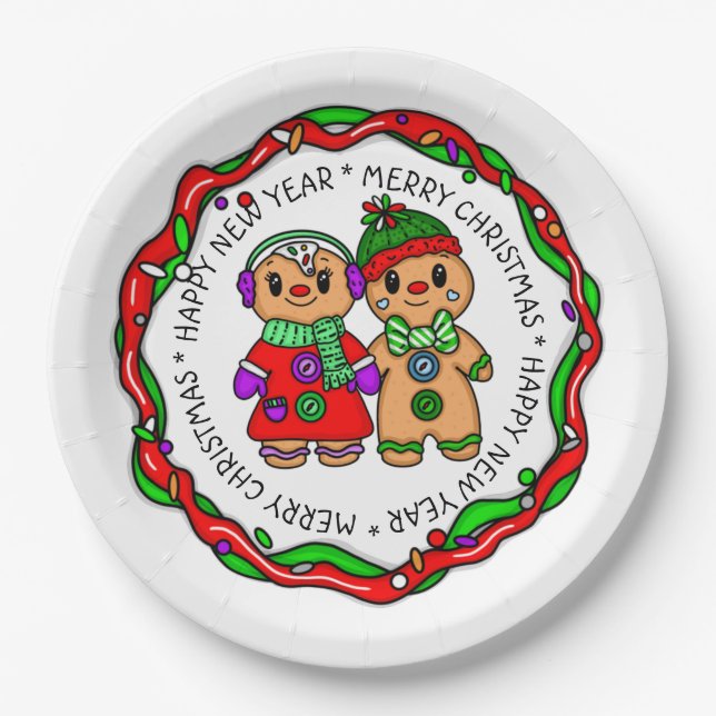 Merry Christmas | Happy New Year | Gingerbread Man Paper Plates (Front)