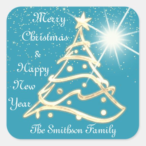 Merry Christmas  Happy New Year Gold Blue Oceanic Square Sticker