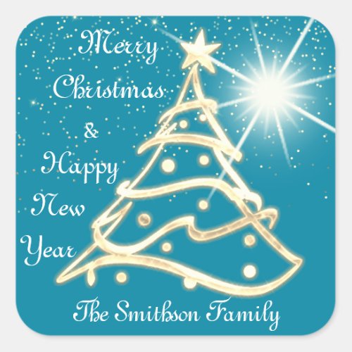 Merry Christmas  Happy New Year Gold Blue Spark Square Sticker
