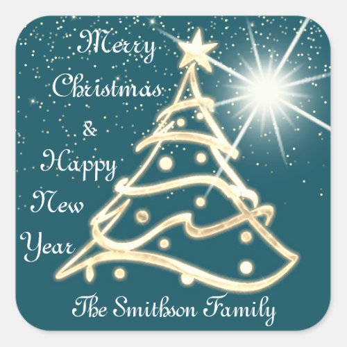 Merry Christmas  Happy New Year Gold Blue Teal Square Sticker